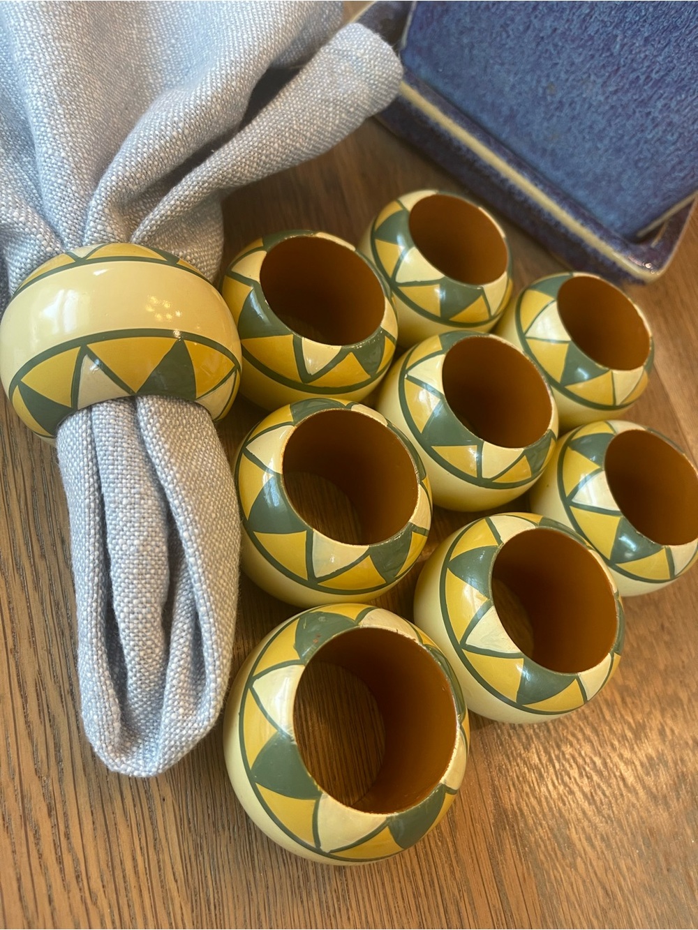 Vintage Pier 1 Southwestern Lacquered Wood Napkin Rings Set of 9, Boho Kitchen